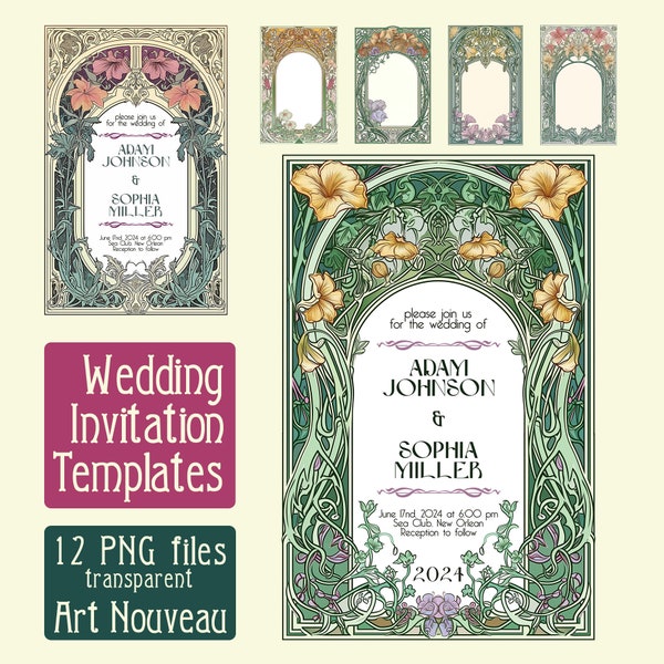 12 Hochzeitseinladungen mit Rahmen im Jugendstil - digitale Illustration, Vintage Karte, Vintage PNG, Datei transparent, Vintage Download