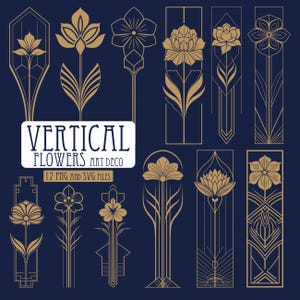 May include: A collection of Art Deco floral designs in gold on a navy blue background. The designs include various stylized flowers and geometric shapes. Text reads "VERTICAL FLOWERS ART DECO" and "12 PNG AND SVG FILES".