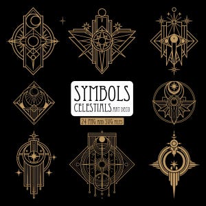 Könnte beinhalten: Eine Sammlung von acht goldfarbenen geometrischen Himmelsymbolen auf schwarzem Hintergrund. Das weiße Etikett in der Mitte zeigt den Text SYMBOLS CELESTIALS ART DECO und 24 PNG AND SVG FILES. Jedes Symbol besteht aus komplexen Linien, Sternen und Monden.