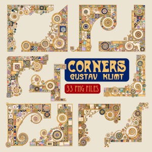 May include: A collection of decorative corner designs featuring intricate gold, blue, and multi-coloured geometric patterns and circular motifs. The image includes the text CORNERS GUSTAV KLIMT and 33 PNG FILES displayed in blue and red boxes.