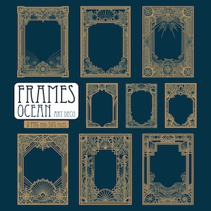 May include: A collection of nine rectangular frames featuring gold-colored line art on a dark blue background. The designs incorporate nautical and marine elements such as seashells, coral, waves, anchors, and compasses. Text reads FRAMES OCEAN ART DECO.