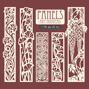 Puede incluir: Una colección de cinco paneles rectangulares con diseños recortados florales y botánicos de color crema sobre un fondo rojo oscuro. El texto dice PANELS ART NOUVEAU y 13 PNG AND SVG FILES. Estos elementos gráficos digitales muestran formas orgánicas.