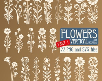 縦長の花束 アールヌーボー、22個のPNG SVG花柄要素、ヴィンテージ植物クリップアート、装飾オーナメントコレクション – パート1