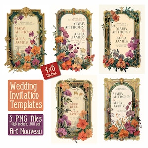 Molduras para convites de casamento Art Nouveau - ilustração digital, capa vintage, PNG, download digital de arte, cartão vintage, 4x6 polegadas