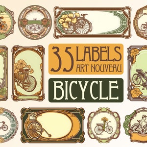 Bicicletta Art Nouveau, etichette digitali per inviti di nozze ed eventi, set di cornici floreali clip art per la stampa, PNG, bicicletta