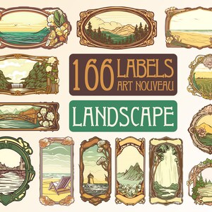 Paisaje Art Nouveau, etiquetas digitales para invitaciones de boda y eventos, conjunto de marcos florales prediseñados para imprimir, PNG, montañas, playa