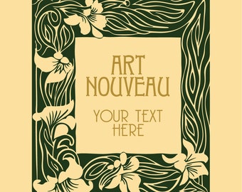 Könnte beinhalten: Art Nouveau Design mit cremefarbenem Hintergrund und dunkelgrünem Rand. Der Rand zeigt stilisierte Blumen- und Blattmotive. Der Text "ART NOUVEAU" und "YOUR TEXT HERE" ist goldfarben im cremefarbenen Zentrum.