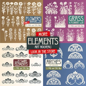 K&ouml;nnte beinhalten: Ein Satz digitaler Grafiken im Art-Nouveau-Stil, darunter Blumen, Gras, Wirbel und B&ouml;gen. Die Grafiken sind in Schwarzwei&szlig; gehalten und eignen sich perfekt f&uuml;r den Einsatz in digitalen Designprojekten.