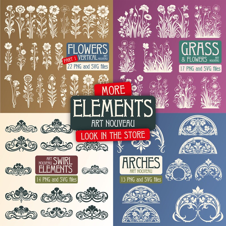 K&ouml;nnte beinhalten: Ein Satz digitaler Grafiken im Art-Nouveau-Stil, darunter Blumen, Gras, Wirbel und B&ouml;gen. Die Grafiken sind in Schwarzwei&szlig; gehalten und eignen sich perfekt f&uuml;r den Einsatz in digitalen Designprojekten.