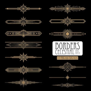 May include: A collection of twelve horizontal decorative dividers featuring gold-colored geometric star and sunburst patterns on a black background. The text BORDERS CELESTIAL ART DECO 17 PNG AND SVG FILES is displayed in a white rounded rectangle.