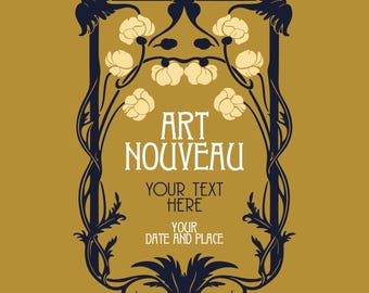Könnte beinhalten: Ein schwarz-weißer Rahmen im Art-Nouveau-Stil mit floralen Designs und dem Text "Art Nouveau", "Ihr Text hier" und "Ihr Datum und Ort".