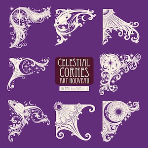 May include: A collection of eight off-white decorative corner designs featuring celestial motifs like stars, planets, suns, and moons on a purple background. The central text reads CELESTIAL CORNES ART NOUVEAU 16 PNG AND SVG FILES.