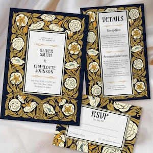 Plantilla de invitación de boda Rose Vintage Art Nouveau, tarjeta de detalles de invitación, etiqueta vintage Art Nouveau, tarjeta RSVP Art Nouveau, Art Nouveau