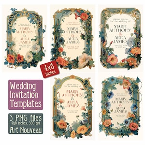 Molduras para convites de casamento Art Nouveau - ilustração digital, capa vintage, PNG, download digital de arte, cartão vintage, 4x6 polegadas