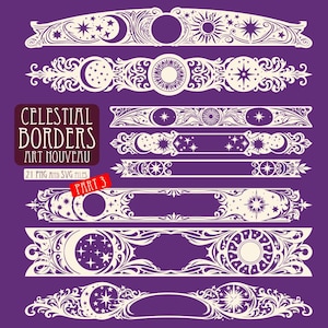 May include: A collection of white celestial-themed decorative borders on a purple background. The designs feature sun, moon, and star motifs with intricate scrollwork. Text on the image reads: CELESTIAL BORDERS ART NOUVEAU 21 PNG AND SVG FILES PART 3.