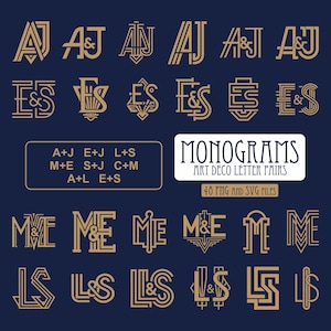 Op de afbeelding: Een verzameling gouden Art Deco monogrammen op een marineblauwe achtergrond. De afbeelding toont lettercombinaties zoals AJ, ES, ME en LS, met de tekst "MONOGRAMS ART DECO LETTER PAIRS" en "40 PNG AND SVG FILES".