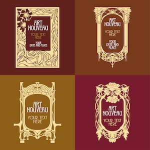 May include: Four decorative frames in Art Nouveau style with floral motifs. Each frame has a title "Art Nouveau" and space for text. The frames are in gold on a brown, gold, burgundy, and brown background.