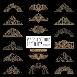 May include: A collection of gold-colored line art architectural elements on a black background. The designs feature geometric patterns and symmetrical shapes. A central white label displays the text ARCHITECTURE ELEMENTS ART DECO 26 PNG AND SVG FILES.