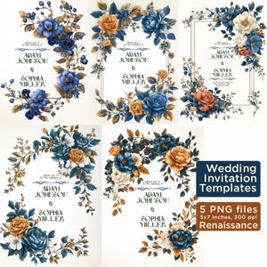 Modelos de convites de casamento molduras renascentistas - ilustração digital, capa vintage, PNG, download digital de arte, cartão vintage, 5x7 polegadas