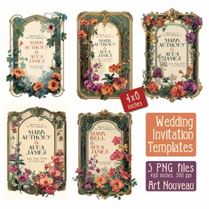 Bruiloften uitnodiging sjablonen frames art nouveau - digitale afbeelding, vintage omslag, png, kunst digitale download, vintage kaart, 4 x 6 inch