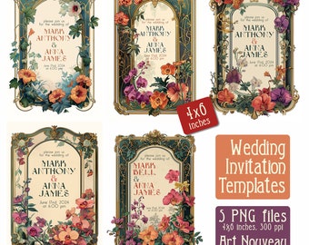 May include: Five printable wedding invitation templates in Art Nouveau style with floral designs. Each template is 4x6 inches and features a gold frame with a floral border. The text on the invitations reads "Please join us for the wedding of Mark Anthony & Anna James".