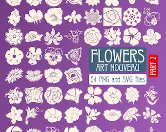 May include: A set of 64 white silhouette images of flowers in the Art Nouveau style. The images are arranged in a grid pattern on a purple background. The text "FLOWERS ART NOUVEAU" and "PART 2" are also included in the image.