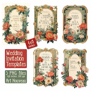 Hochzeitseinladung - Vorlagen für Hochzeiten im Jugendstil - digitale Illustration, vintage Cover, PNG, Kunst digitaler Download, Vintage-Karte, 10,5x15 cm