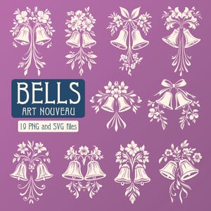 Può includere: Una collezione di disegni di campane in stile Art Nouveau in bianco, disposti su uno sfondo viola. I disegni includono elementi floreali e nastri. Il testo recita "BELLS ART NOUVEAU 19 PNG and SVG files."
