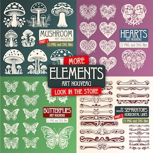 May include: A digital design collection featuring white graphic illustrations of mushrooms, ornate hearts, butterflies, and decorative horizontal separators on four colored backgrounds. Text includes MUSHROOM, HEARTS, BUTTERFLIES, SEPARATORS, and MORE ELEMENTS.