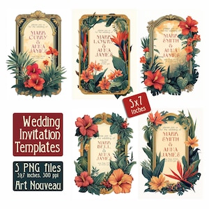 Molduras para convites de casamentos tropicais Art Nouveau - ilustração digital, capa vintage, PNG, download digital de arte, cartão vintage, 5x7 polegadas