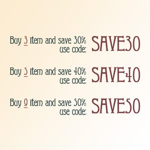 May include: A promotional graphic featuring three tiers of discounts. The text reads: Buy 3 item and save 30% use code: SAVE30, Buy 5 item and save 40% use code: SAVE40, and Buy 9 item and save 50% use code: SAVE50. The text is dark on a light background.
