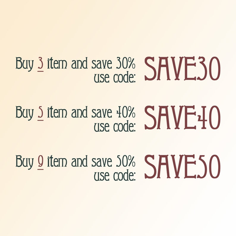 May include: A promotional graphic featuring three tiers of discounts. The text reads: Buy 3 item and save 30% use code: SAVE30, Buy 5 item and save 40% use code: SAVE40, and Buy 9 item and save 50% use code: SAVE50. The text is dark on a light background.