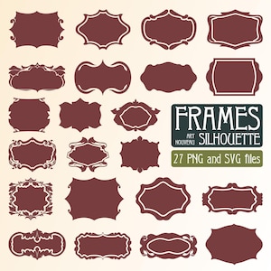 Pode incluir: Conjunto de 27 molduras de estilo vintage na cor marrom. As molduras são de várias formas e tamanhos, algumas com detalhes intrincados. O texto "FRAMES ART NOUVEAU SILHOUETTE 27 PNG and SVG files" é exibido na parte inferior da imagem.
