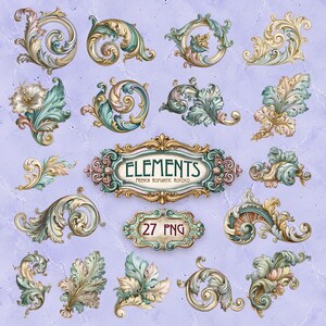 May include: A collection of twenty-seven digital graphic elements featuring ornate scrollwork, acanthus leaves, and floral motifs in shades of gold, teal, and cream. A central decorative frame displays the text ELEMENTS FRENCH ROMANTIC ROCOCO.