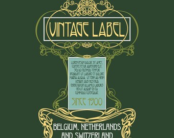 May include: A vintage label design with a dark green background and ornate gold and cream-colored filigree. The text "VINTAGE LABEL" is in a cream-colored font. The label includes the text "BELGIUM, NETHERLANDS AND SWITZERLAND" and "SINCE 1900".