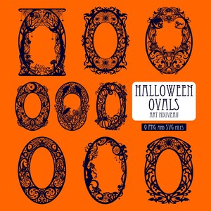 Puede incluir: Nueve marcos ovalados negros con recortes detallados de temática de Halloween que incluyen calaveras, arañas, telarañas, calabazas, murciélagos y árboles. Una etiqueta blanca muestra HALLOWEEN OVALS ART NOUVEAU y 9 PNG AND SVG FILES.