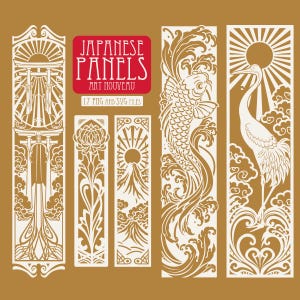 May include: A collection of five vertical rectangular panels featuring white line art on a brown background. Designs include a torii gate, a chrysanthemum, Mount Fuji, a koi fish in waves, and a crane. Text reads: JAPANESE PANELS ART NOUVEAU 17 PNG AND SVG FILES.
