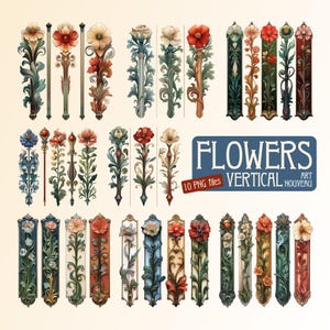 K&ouml;nnte beinhalten: Ein Satz von 10 digitalen Illustrationen von vertikalen floralen Designs im Jugendstil. Die Designs zeigen stilisierte Blumen, Bl&auml;tter und St&auml;ngel in verschiedenen Farben, darunter Rot, Blau, Gr&uuml;n und Gelb. Die Illustrationen sind perfekt, um jedem Projekt einen Hauch von Vintage-Eleganz zu verleihen.