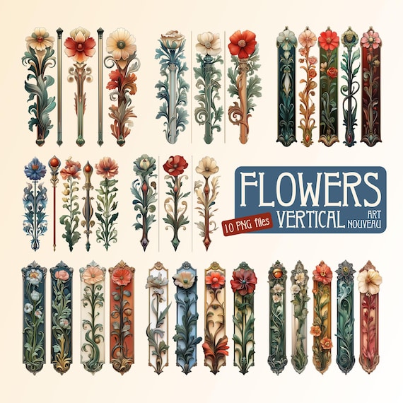 Art Nouveau Vertical Flowers Clipart, 36 Botanical PNG Elements (Digital Download)