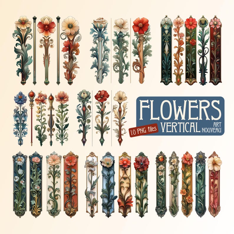 K&ouml;nnte beinhalten: Ein Satz von 10 digitalen Illustrationen von vertikalen floralen Designs im Jugendstil. Die Designs zeigen stilisierte Blumen, Bl&auml;tter und St&auml;ngel in verschiedenen Farben, darunter Rot, Blau, Gr&uuml;n und Gelb. Die Illustrationen sind perfekt, um jedem Projekt einen Hauch von Vintage-Eleganz zu verleihen.