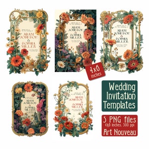 Hochzeitseinladung - Vorlagen für Hochzeiten im Jugendstil - digitale Illustration, vintage Cover, PNG, Kunst digitaler Download, Vintage-Karte, 10,5x15 cm