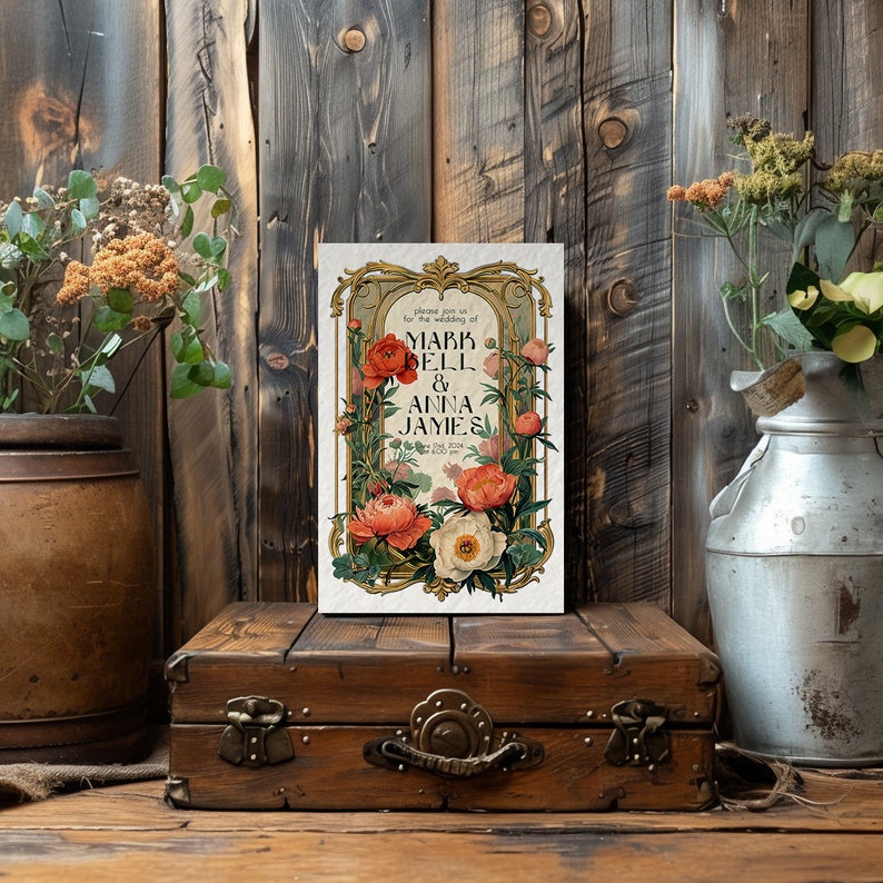 May include: A wedding invitation with a floral design. The invitation is printed on a cream-colored card with a gold border. The text reads "Please join us for the wedding of Mark Bell & Anna James".