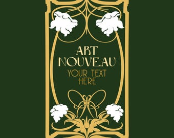 Könnte beinhalten: Ein goldenes Art-Nouveau-Design mit stilisierten Blumen und dem Text "Art Nouveau" und "Your Text Here".