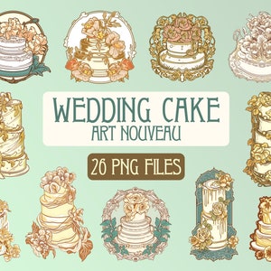 Digital wedding cake Art Nouveau style, design for your invitation, wedding decoration, event card, vintage cake illustration, clipart, PNG