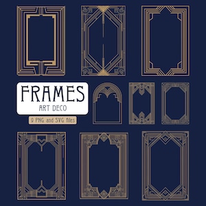 Op de afbeelding: Negen geometrische frames in Art Deco-stijl. De frames zijn goudkleurig op een donkerblauwe achtergrond. De frames zijn allemaal in verschillende vormen en maten. De tekst "FRAMES ART DECO 9 PNG and SVG files" staat onderaan de afbeelding.