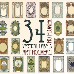 34 vertical labels Art Nouveau, no flower - digital illustration, vintage cover, PNG, Art digital download