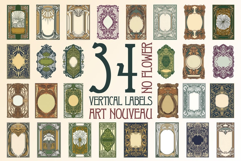 34 Vertical Labels Art Nouveau, No Flower - Digital Illustration ...