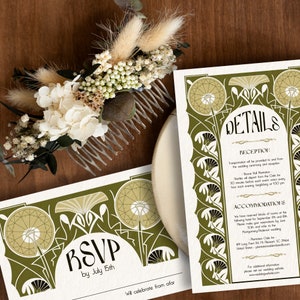 Hochzeitseinladung - Vorlage Pusteblumen Vintage, Jugendstil, Invite Details Karte, Jugendstil, vintage Rahmen, Cottagecore