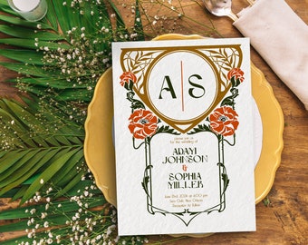 Personalized Art Nouveau Wedding Invitation, Vintage Floral Invite Template, Custom RSVP Card, Botanical PNG SVG Design