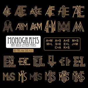 May include: A selection of Art Deco letter pair monograms in gold against a black backdrop. The image features various stylized letter combinations, including AE, AM, EL, and MS. Text on the image reads "MONOGRAMS ART DECO LETTER PAIRS 60 PNG AND SVG FILES."